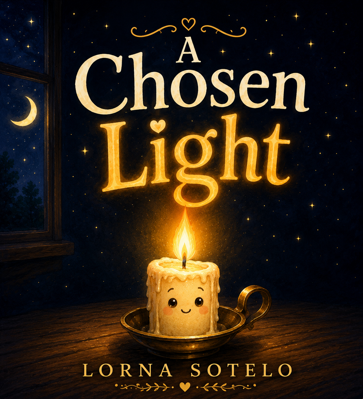 A Chosen Light by Lorna Sotelo. A smiling candle glows beside a window under a starry sky.