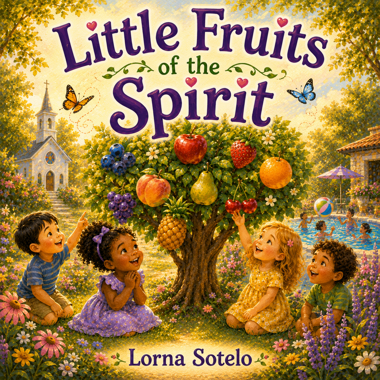 Little Fruits of the Spirit by Lorna Sotelo. Children gather around a colorful fruit tree in a sunlit garden.