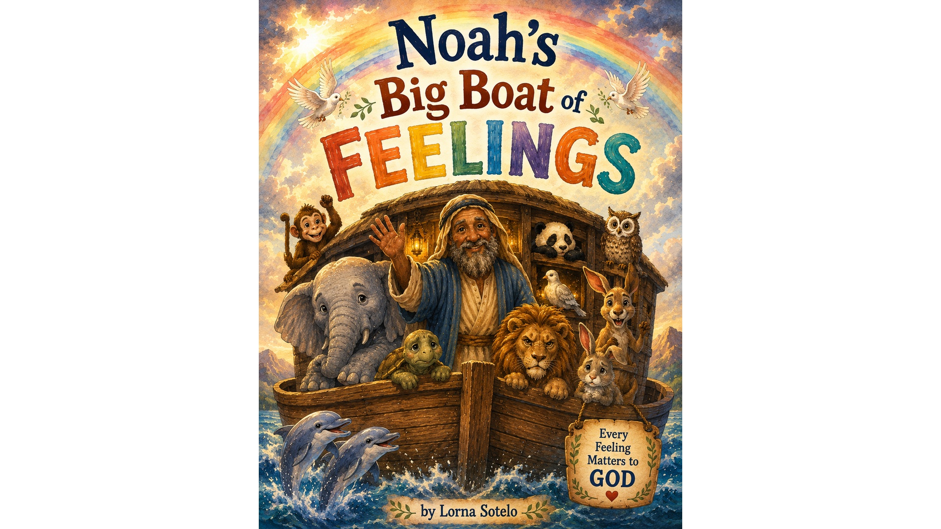 Noah’s Big Boat of Feelings by Lorna Sotelo. Noah and animals sail beneath a rainbow. Every feeling matters to God.