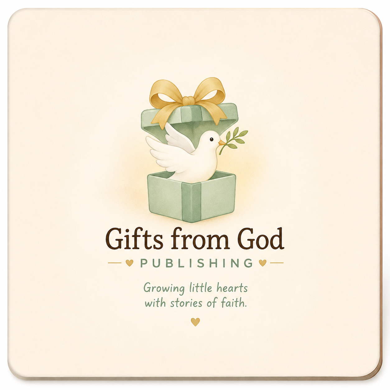 Gifts from God Publishing: a white dove carrying an olive branch rises from a sage gift box with a gold ribbon. Growing little hearts with stories of faith.