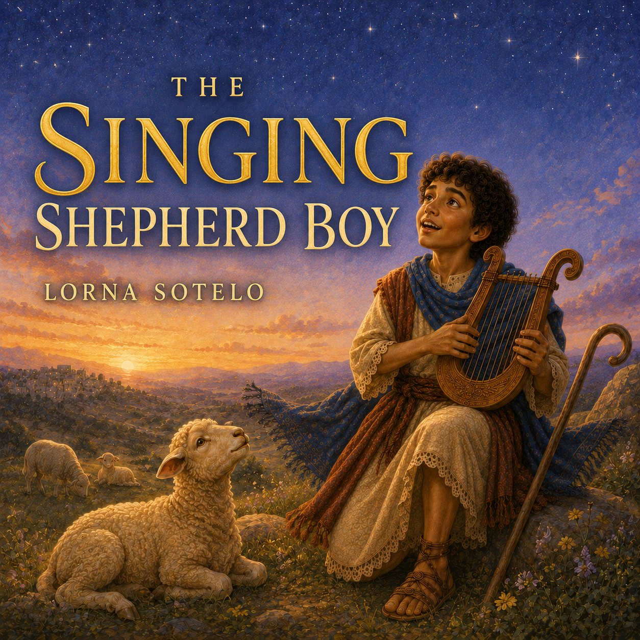 The Singing Shepherd Boy by Lorna Sotelo. A young shepherd holds a lyre beside sheep at sunset.