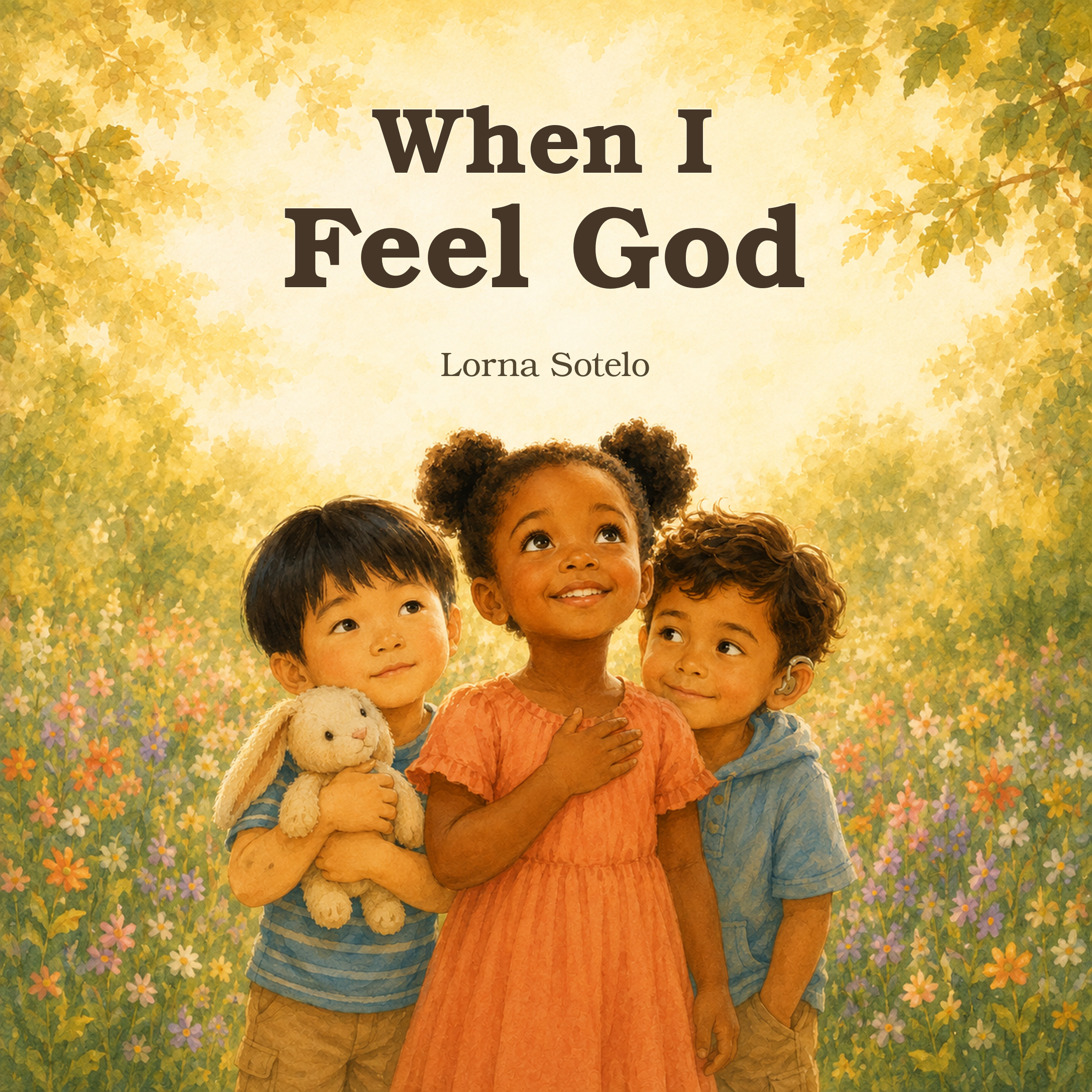 When I Feel God by Lorna Sotelo. Three children look upward beneath golden leaves.